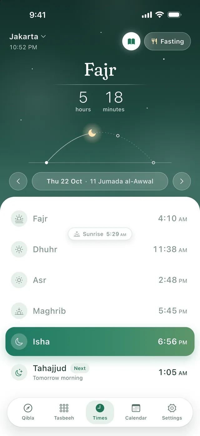 Home screen at night in Jakarta, counting down to Fajr